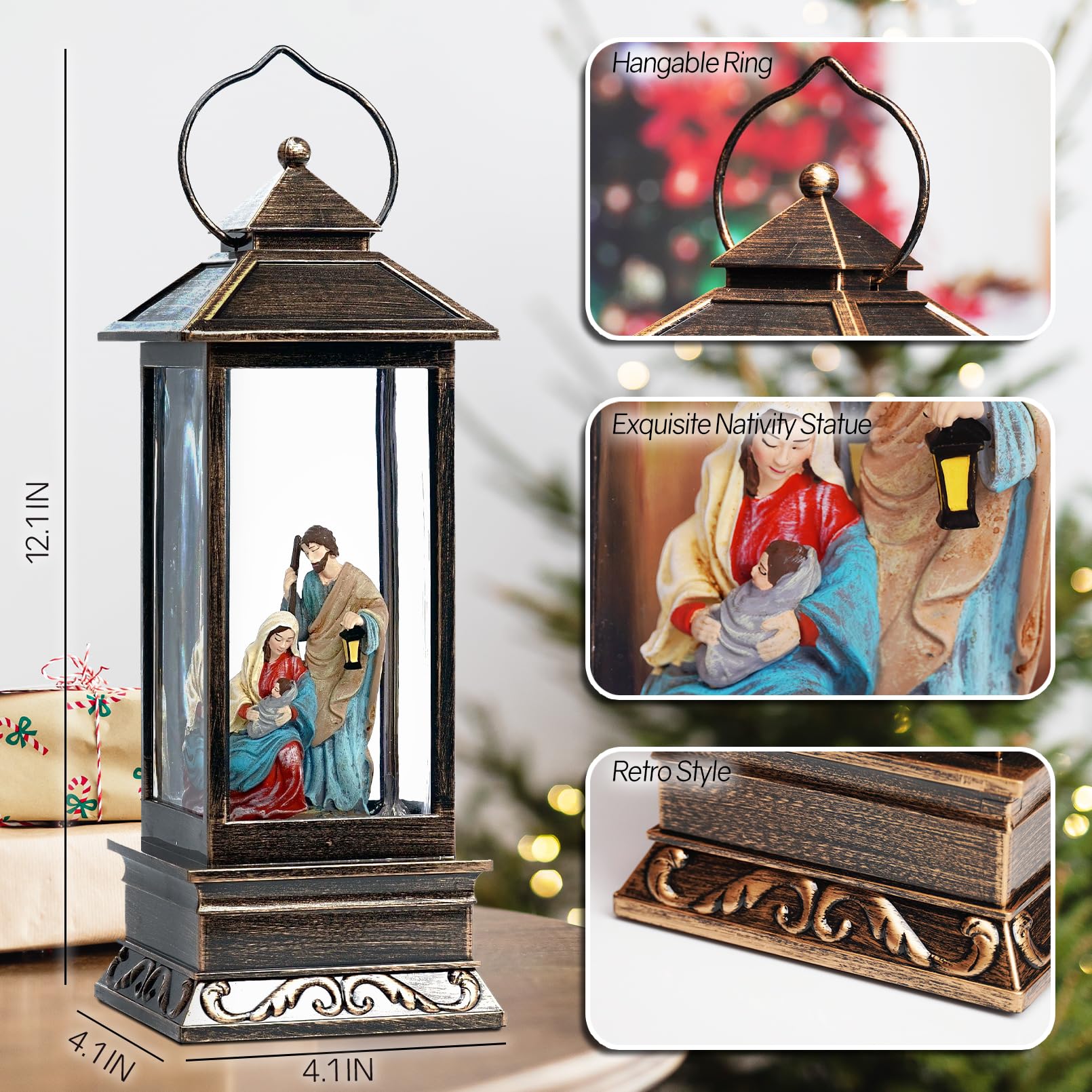 EIGHTOWN close-up of nativity figures inside globe highlighting fine sculpted detail