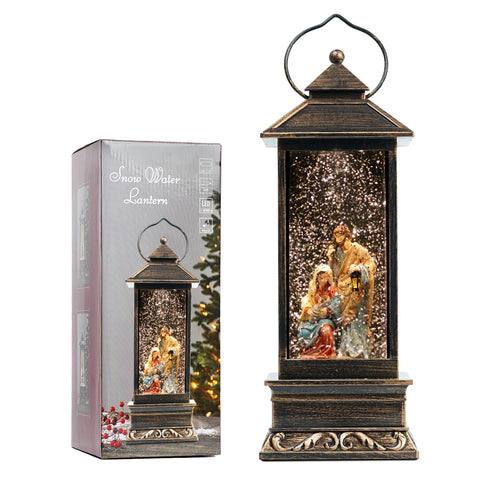 EIGHTOWN front view of lantern showing vintage frame and nativity scene for festive display