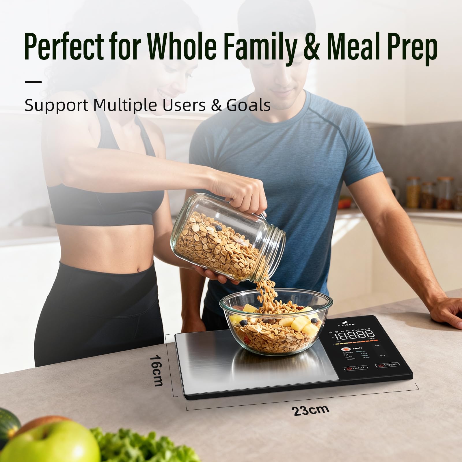 EILISON in kitchen lifestyle scene showing meal prep efficiency and healthy planning