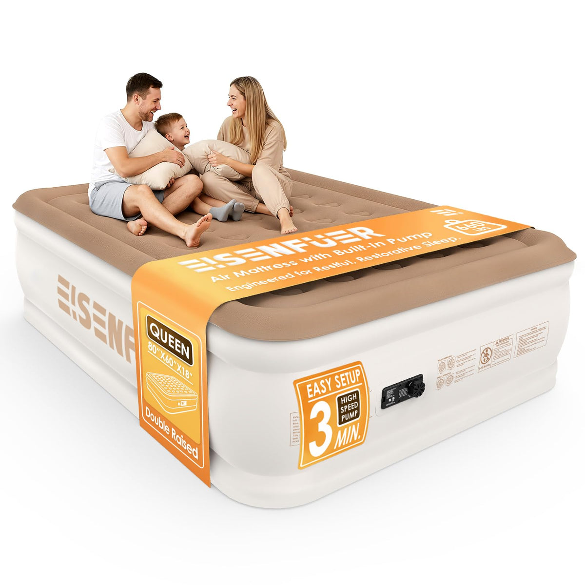 EISENFUER front view of raised queen mattress showing comfortable elevated height