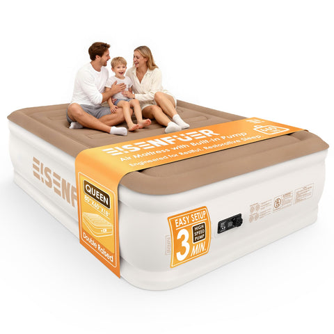 EISENFUER front view of queen air mattress showing elevated comfort and easy setup