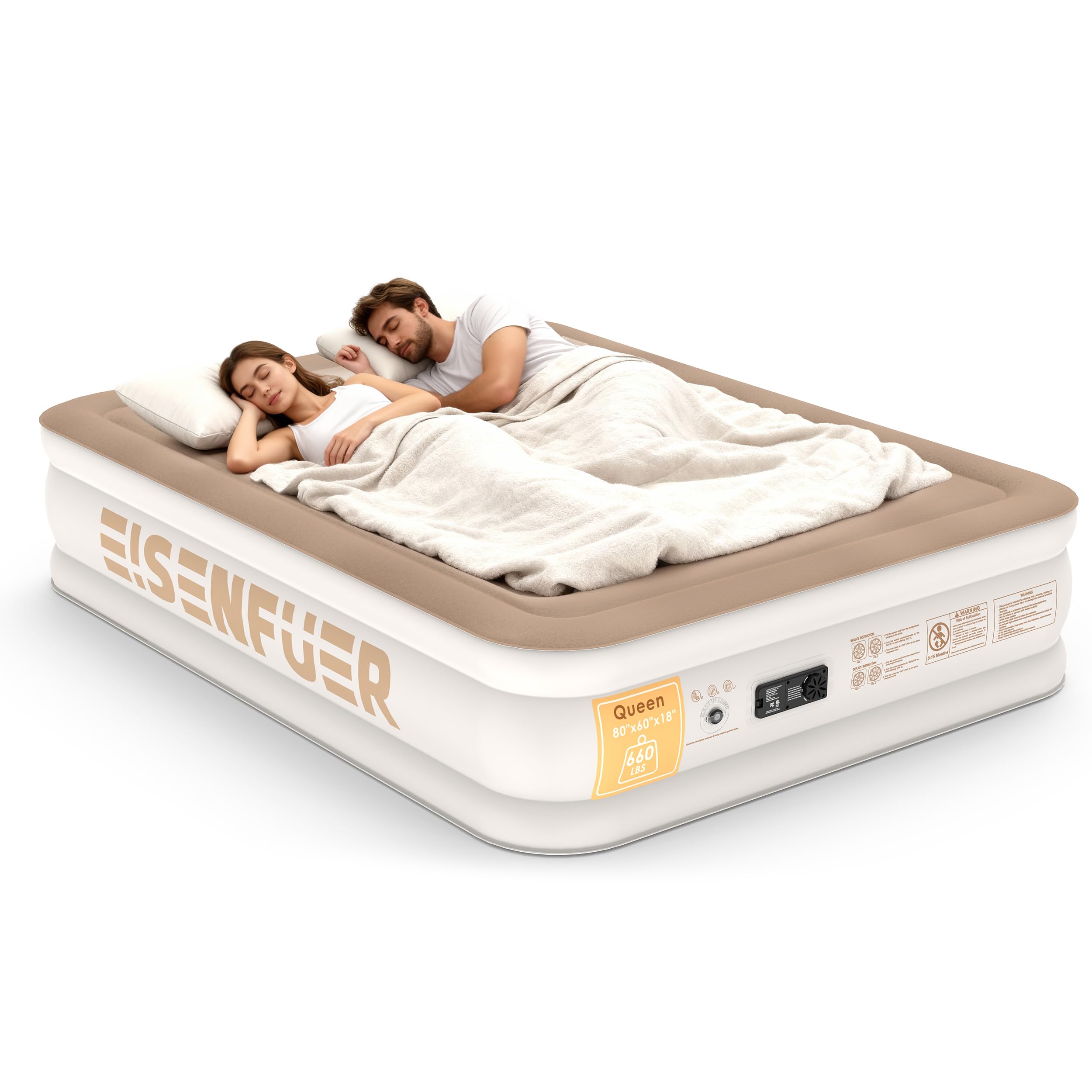 EISENFUER queen mattress beside chair showing scale and elevated sleeping surface