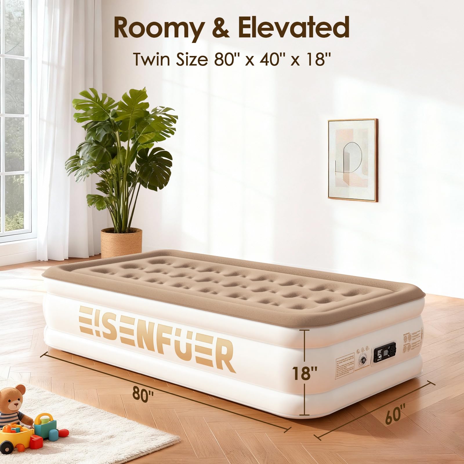 EISENFUER next to chair to show Twin XL scale and fit