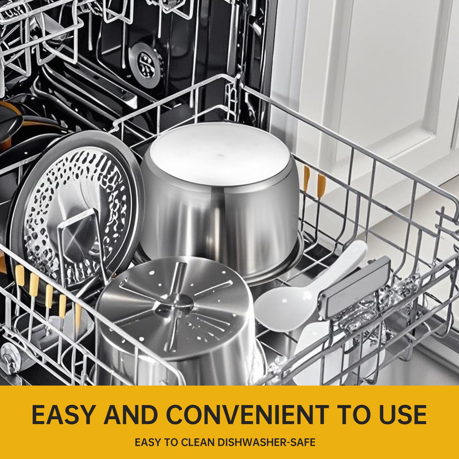 Eiszhjk inner pot on dishwasher top rack indicating easy cleaning and time savings