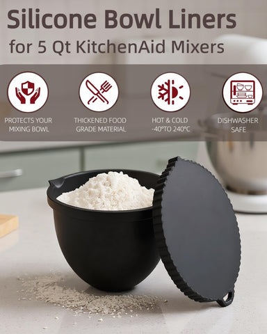 EIWAJKXE liner installed in KitchenAid 5-quart metal bowl demonstrating spill prevention and secure fit