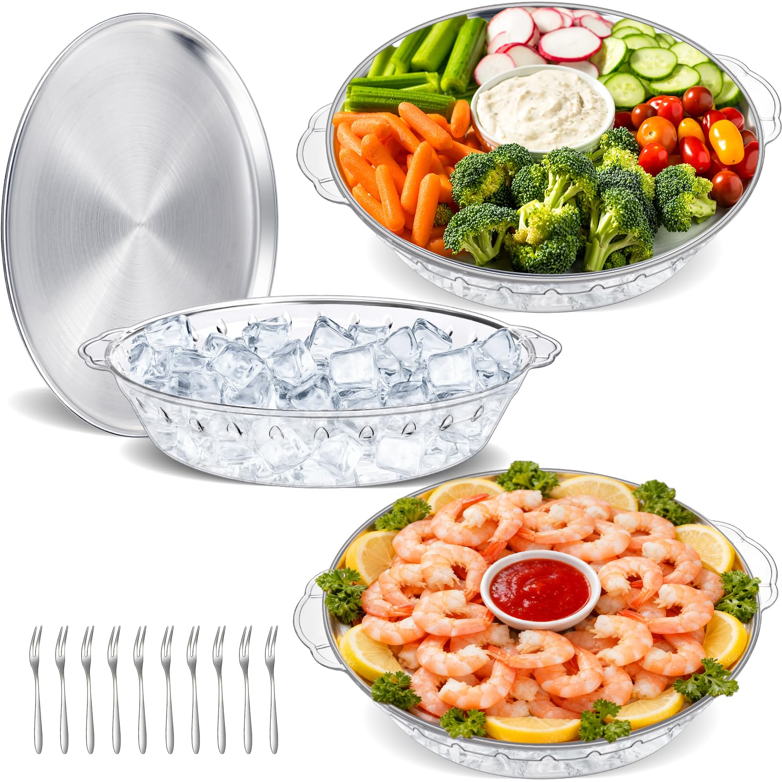 Eiyisem front view of three chilled trays showing complete party set and neat presentation