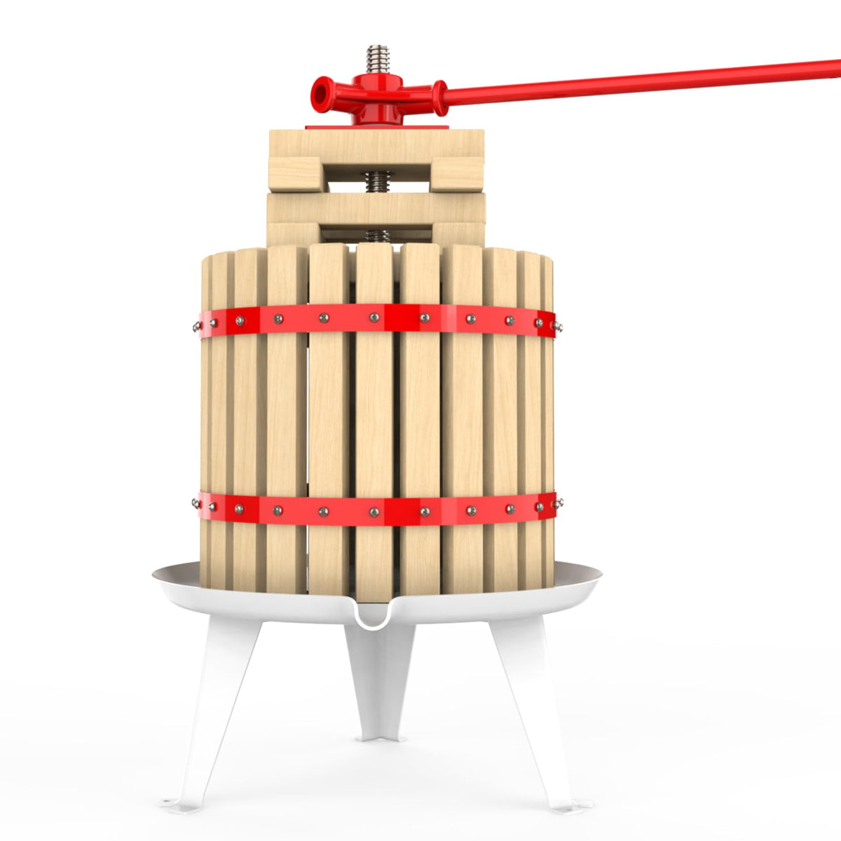 EJWOX front view of cider press showing beech wood basket and metal stand for reliable pressing
