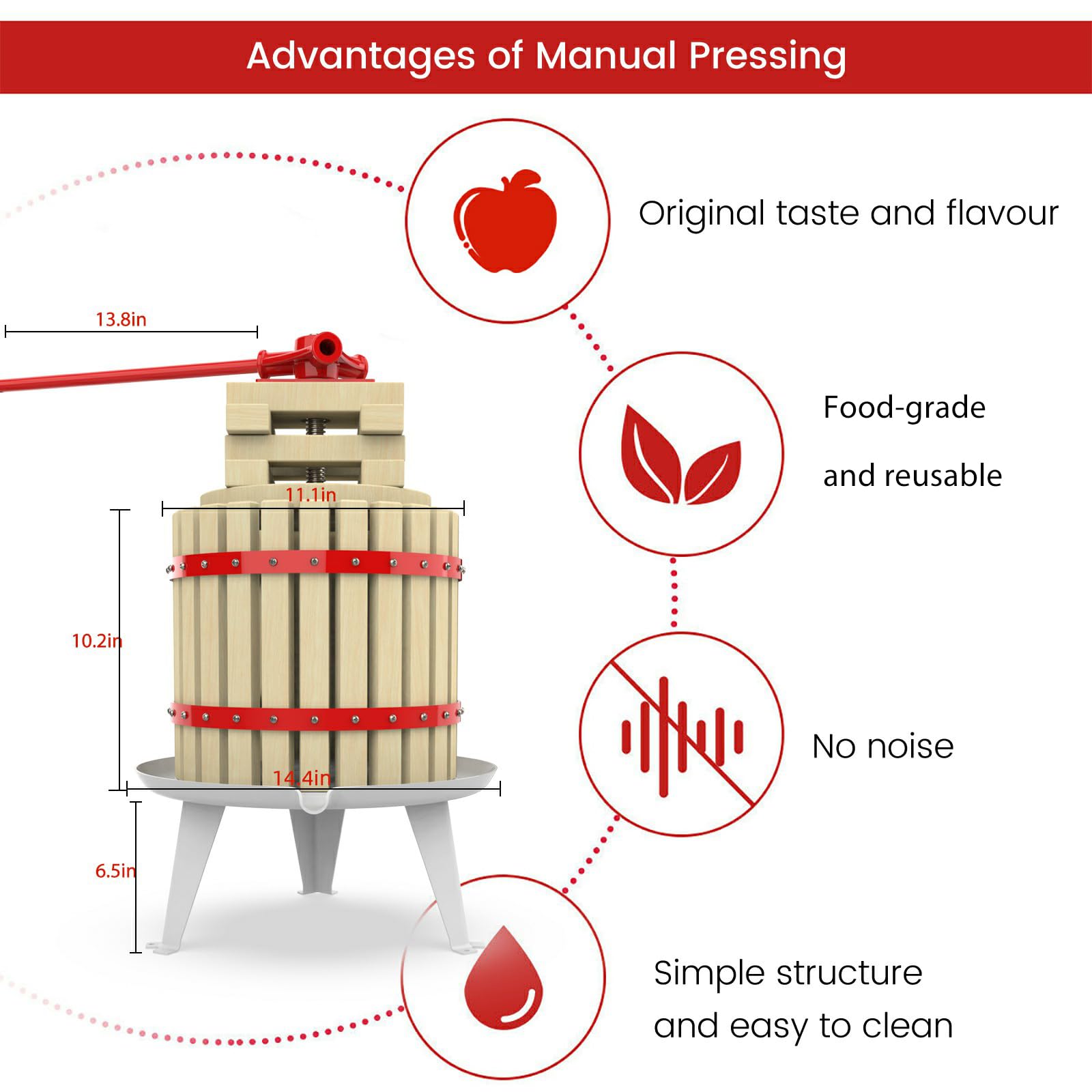 EJWOX manual press in use with apples showing hands turning handle for fresh juice extraction