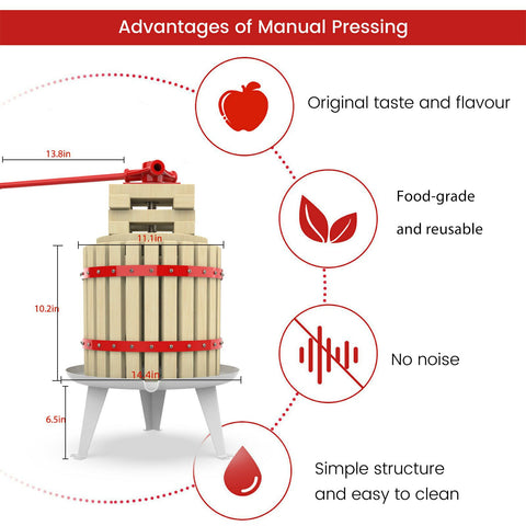 EJWOX manual press in use with apples showing hands turning handle for fresh juice extraction
