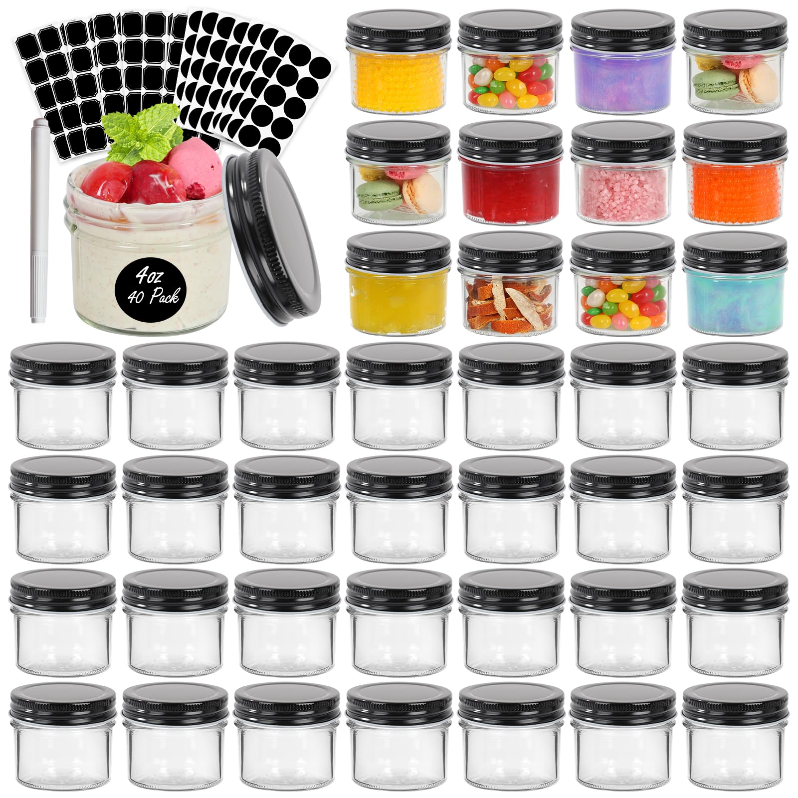 EkkoVla front view of 40-pack jars showing contents and black lids for organized storage