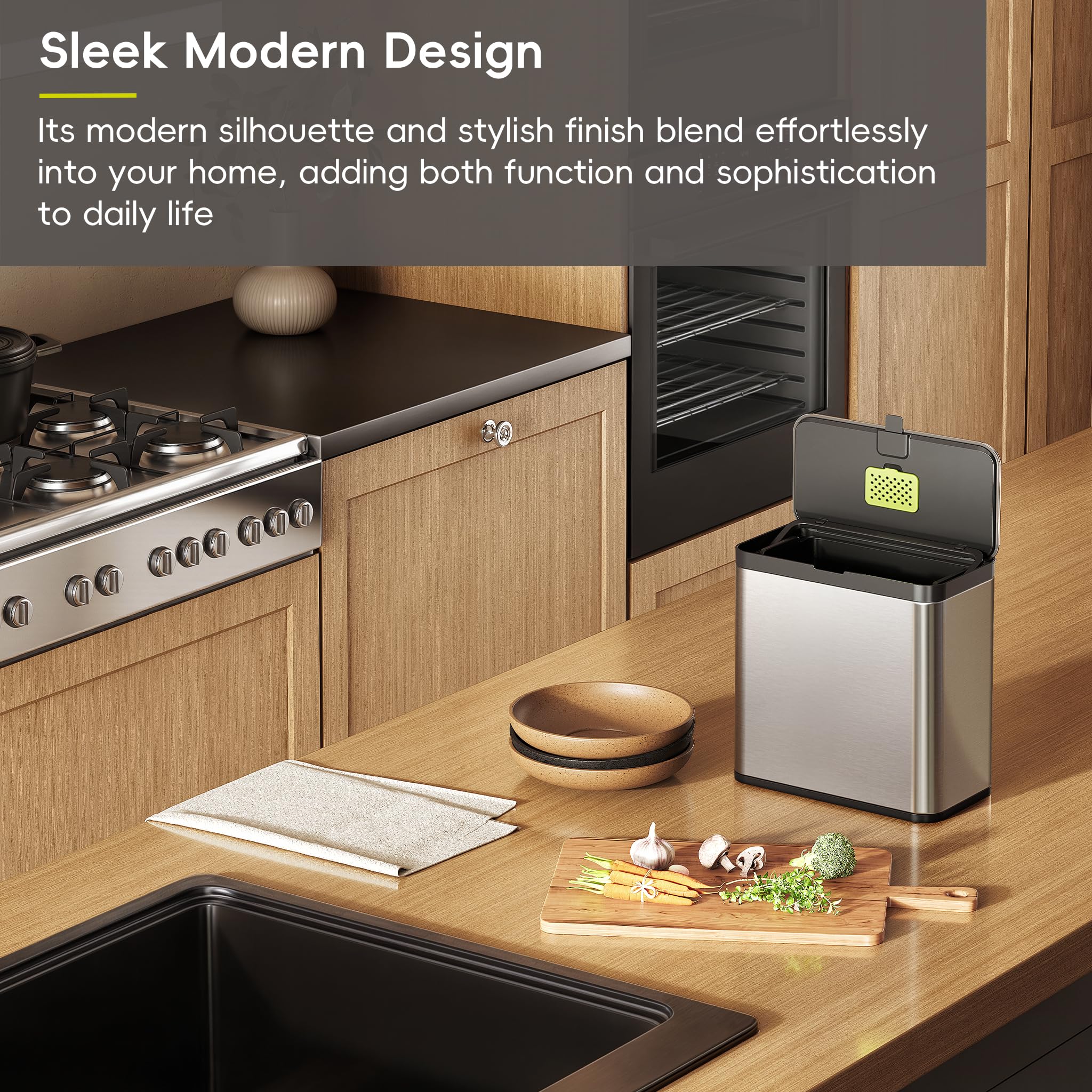 EKO beside fruit bowl showing 7L size and kitchen-friendly scale