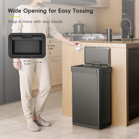 EKO EcoNova interior showing no inner bucket for 25% more usable capacity and easier bag changes