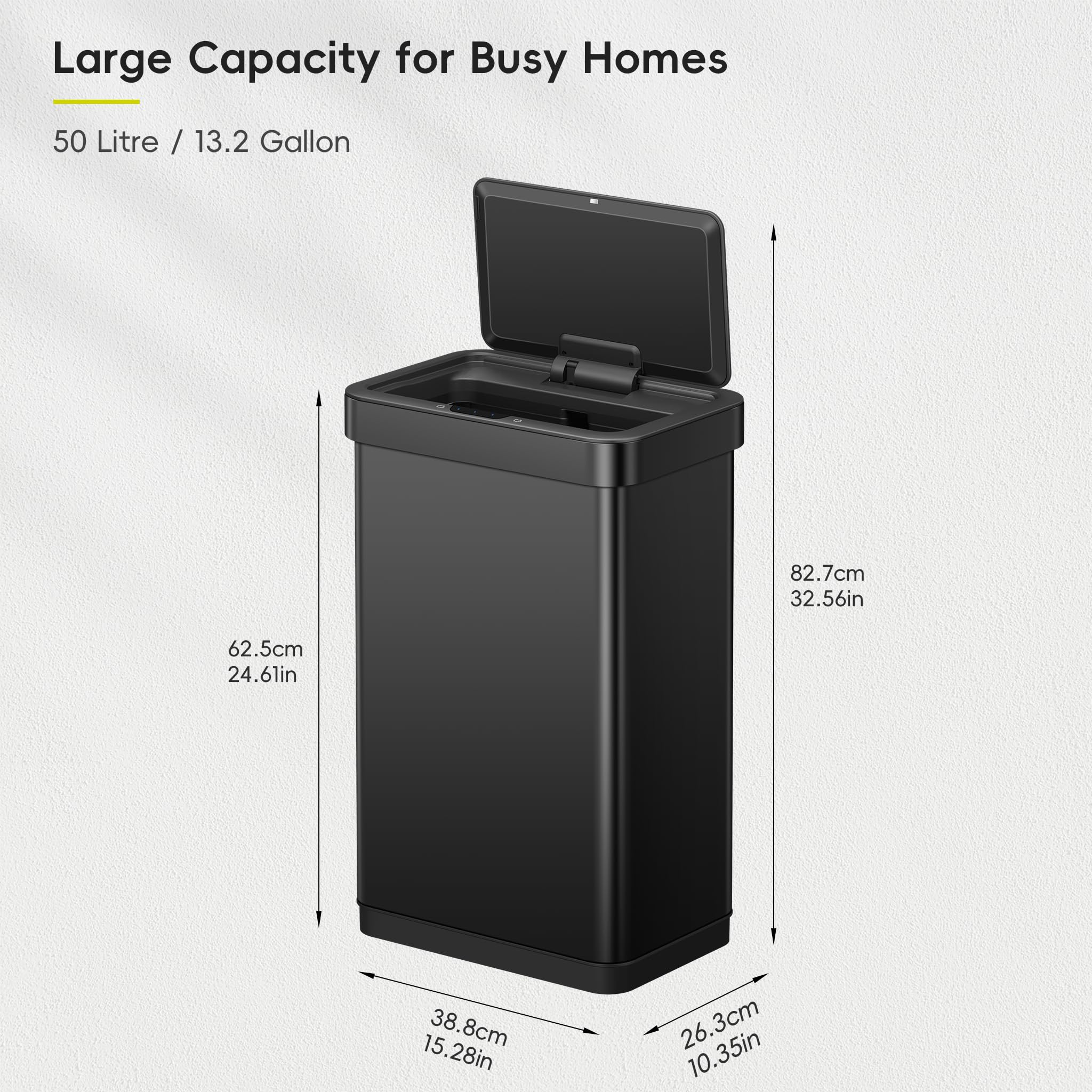 EKO EcoNova lid opening by motion sensor demonstrating touchless convenience for hands-free disposal