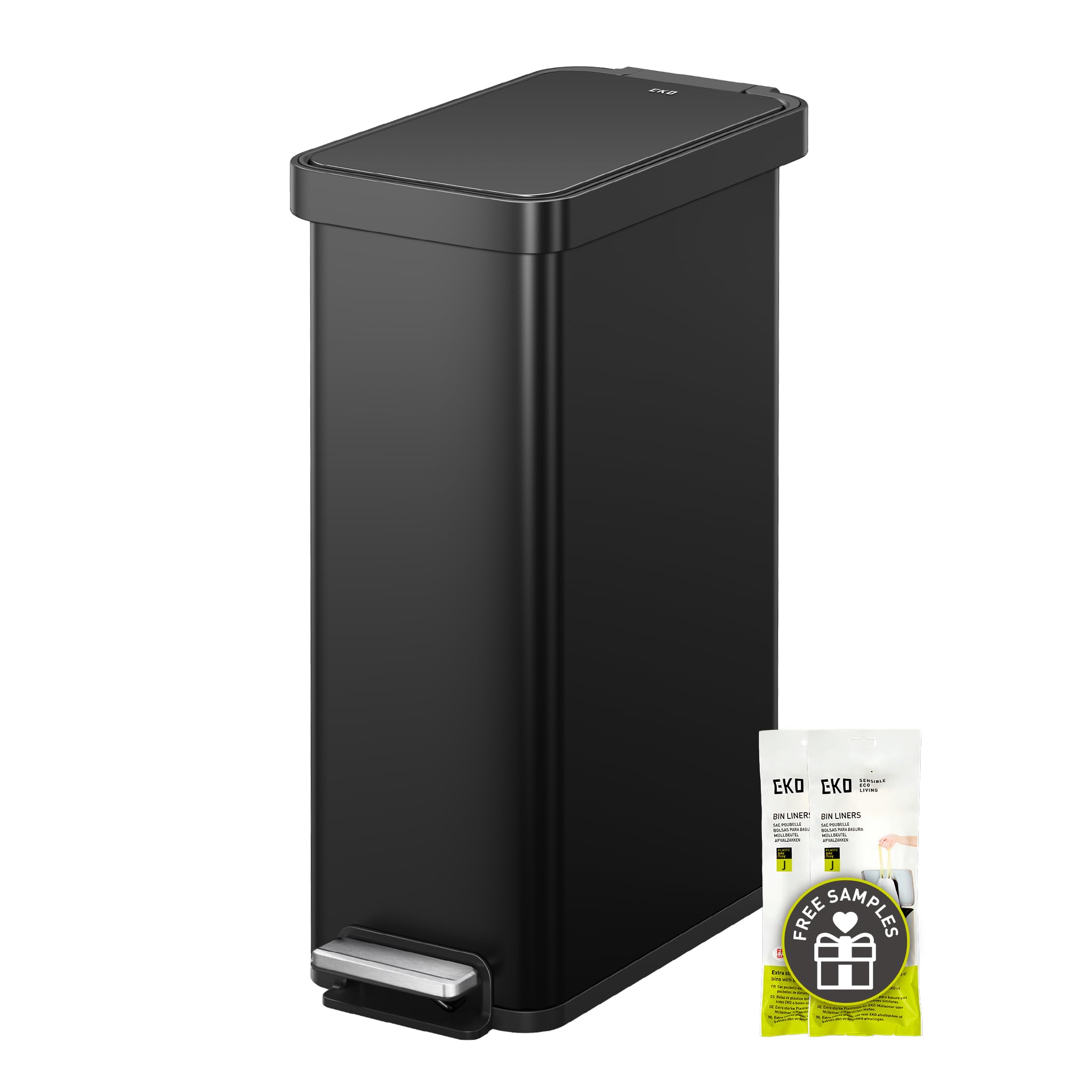 EKO Hudson Slim front view showing sleek matte black finish and lid, keeps kitchen tidy