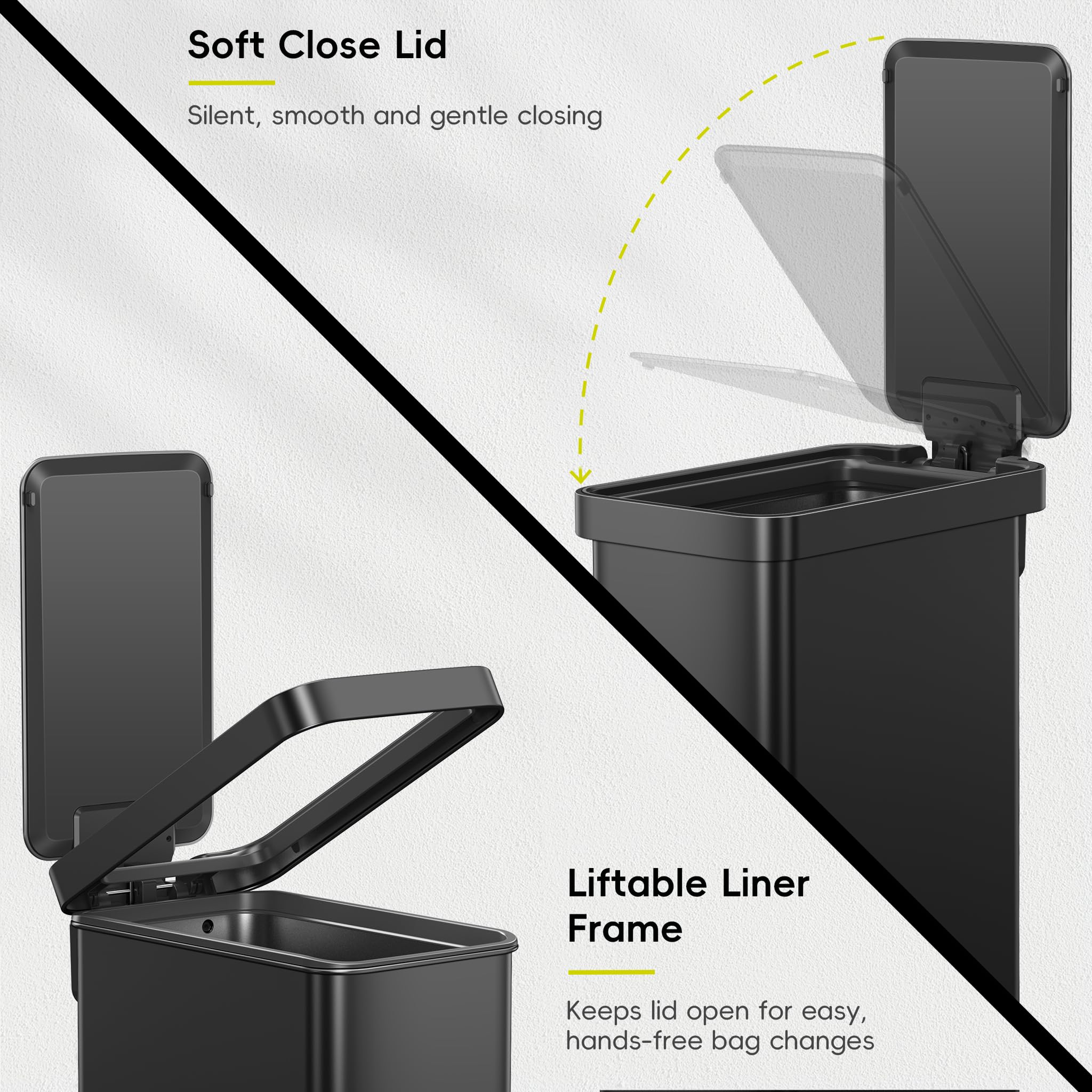EKO Hudson Slim with lid held open 90 degrees for hands-free use and liner changes