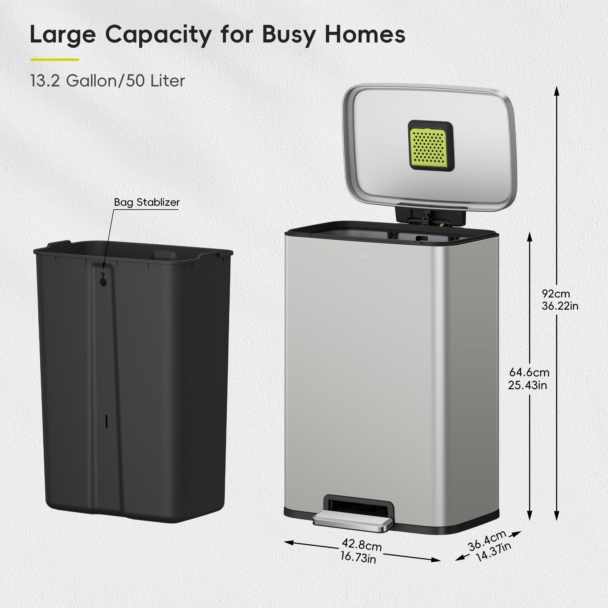 EKO Madison lid open 90 degrees demonstrating hands-free access and easy liner changes