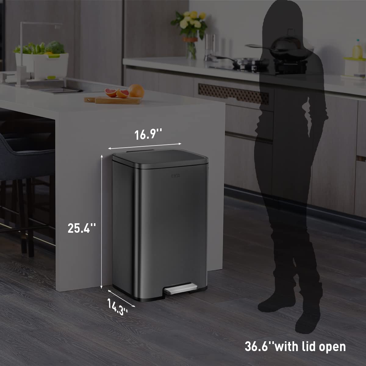 EKO Madison next to kitchen counter showing 50L scale and space-saving footprint