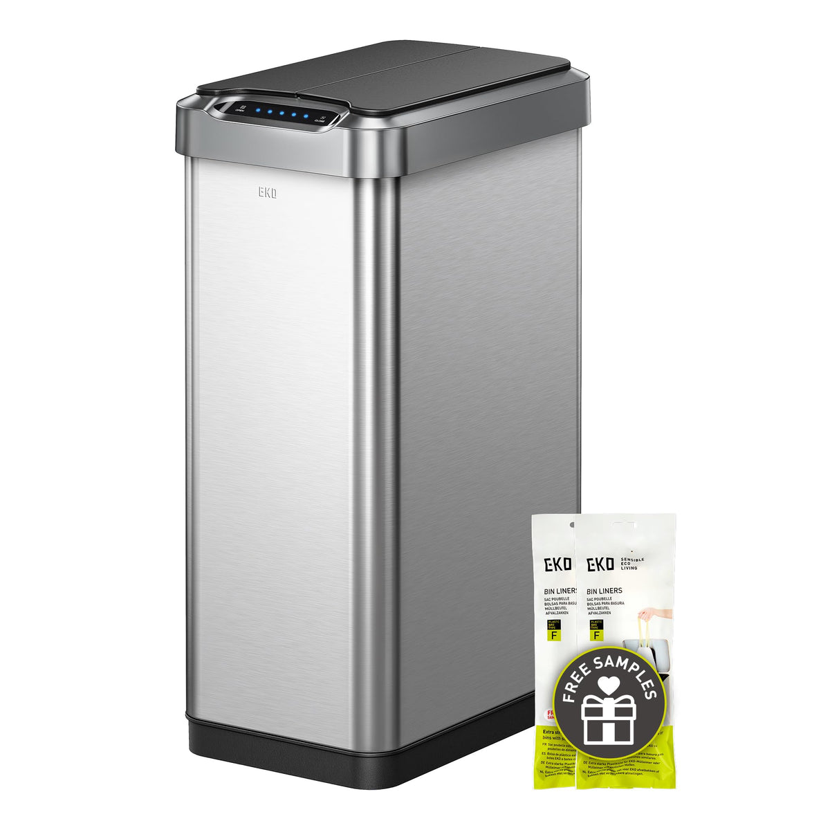 EKO Phantom-T front view showing slim stainless bin and closed lid, enhances tidy kitchens