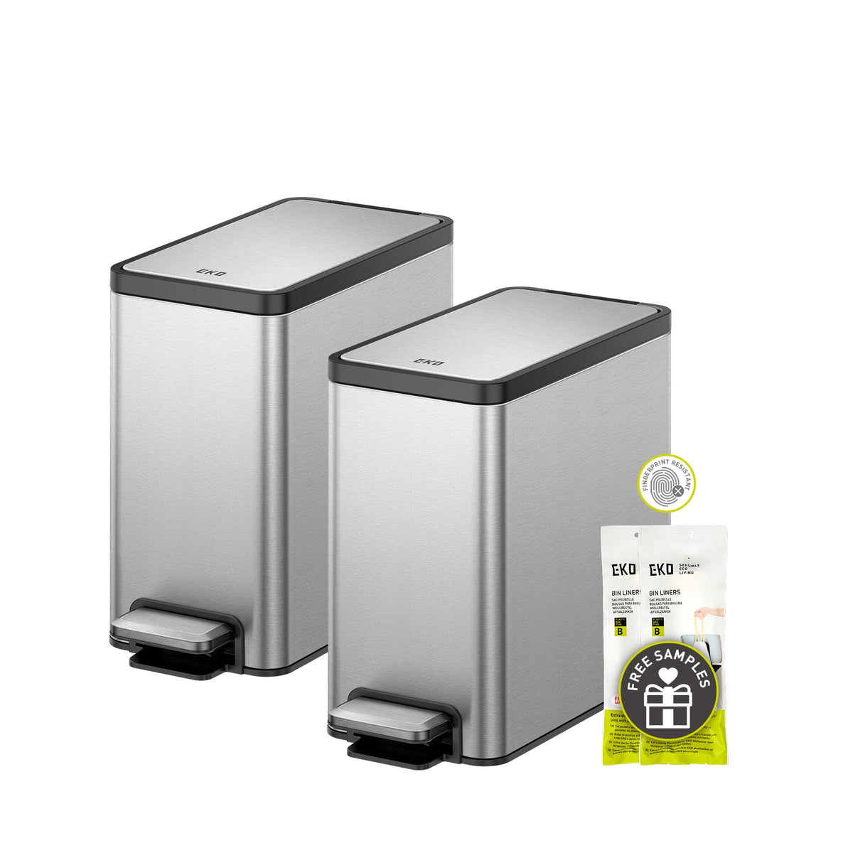 EKO front view of the compact stainless steel trash can showing sleek slim profile and tidy look