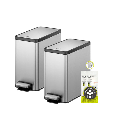 EKO front view of the compact stainless steel trash can showing sleek slim profile and tidy look