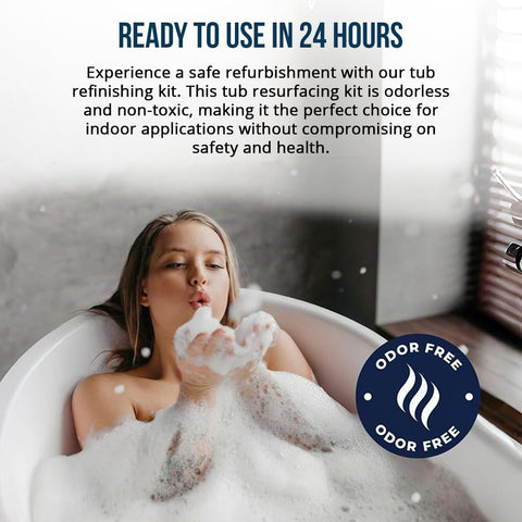 Refinished Bath Solutions label close-up showing product details and made in USA benefit