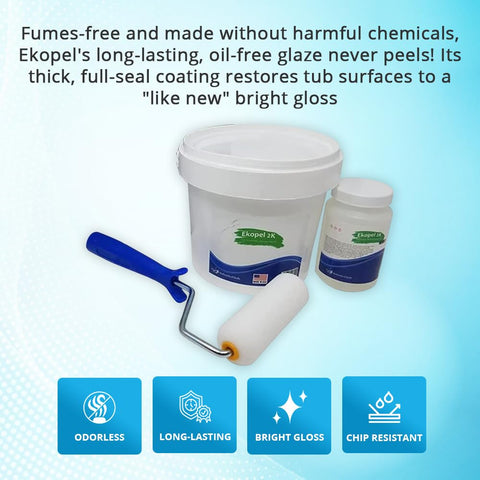 Refinished Bath Solutions mixing close-up showing pour-on enamel consistency benefit