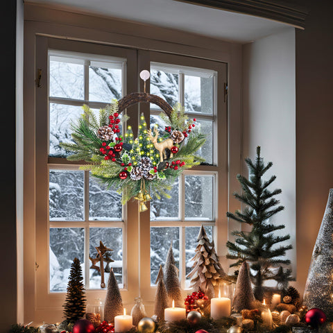 Eksen wreath glowing LED lights at night producing warm ambiance