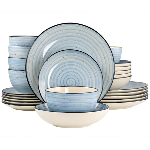 Elama Gia front packaging showing light blue dinnerware set and neat stacking benefit