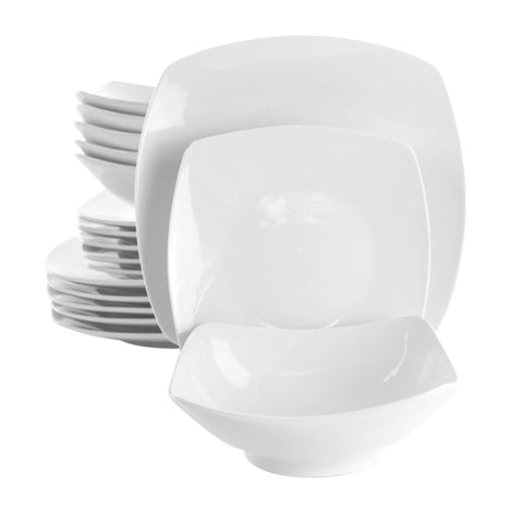 Elama Newman white porcelain front view showing square dinner plate for clean presentation