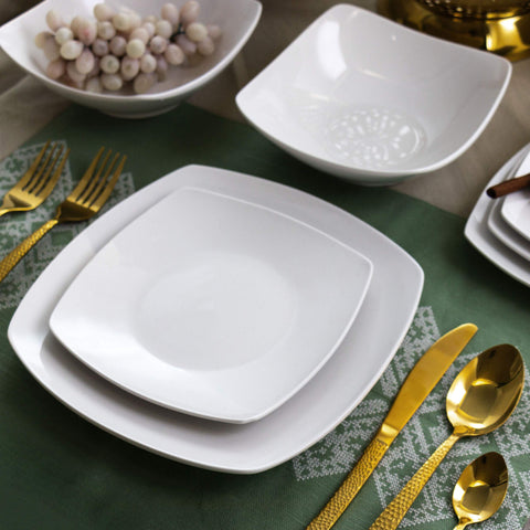 Elama Newman dinnerware in use on table highlighting modern square design and hosting appeal
