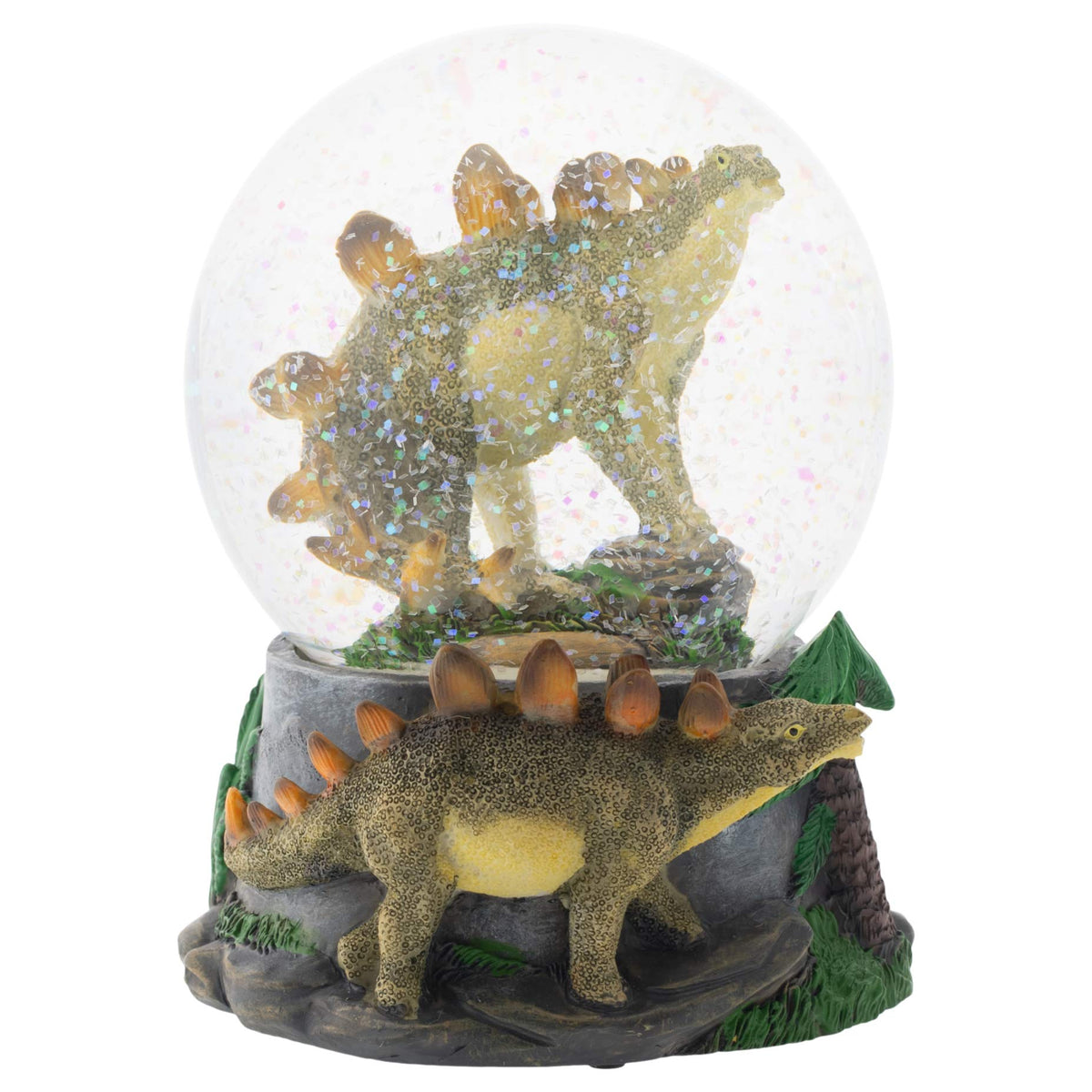 Elanze Designs front view showing stegosaurus figurine and glittering water offering charm