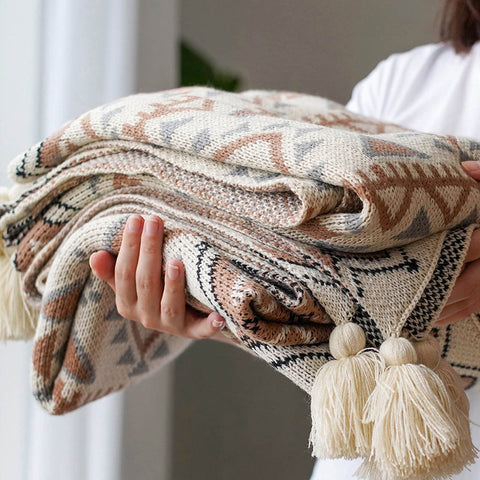 ELASAD front view camel boho throw showing pattern and full size