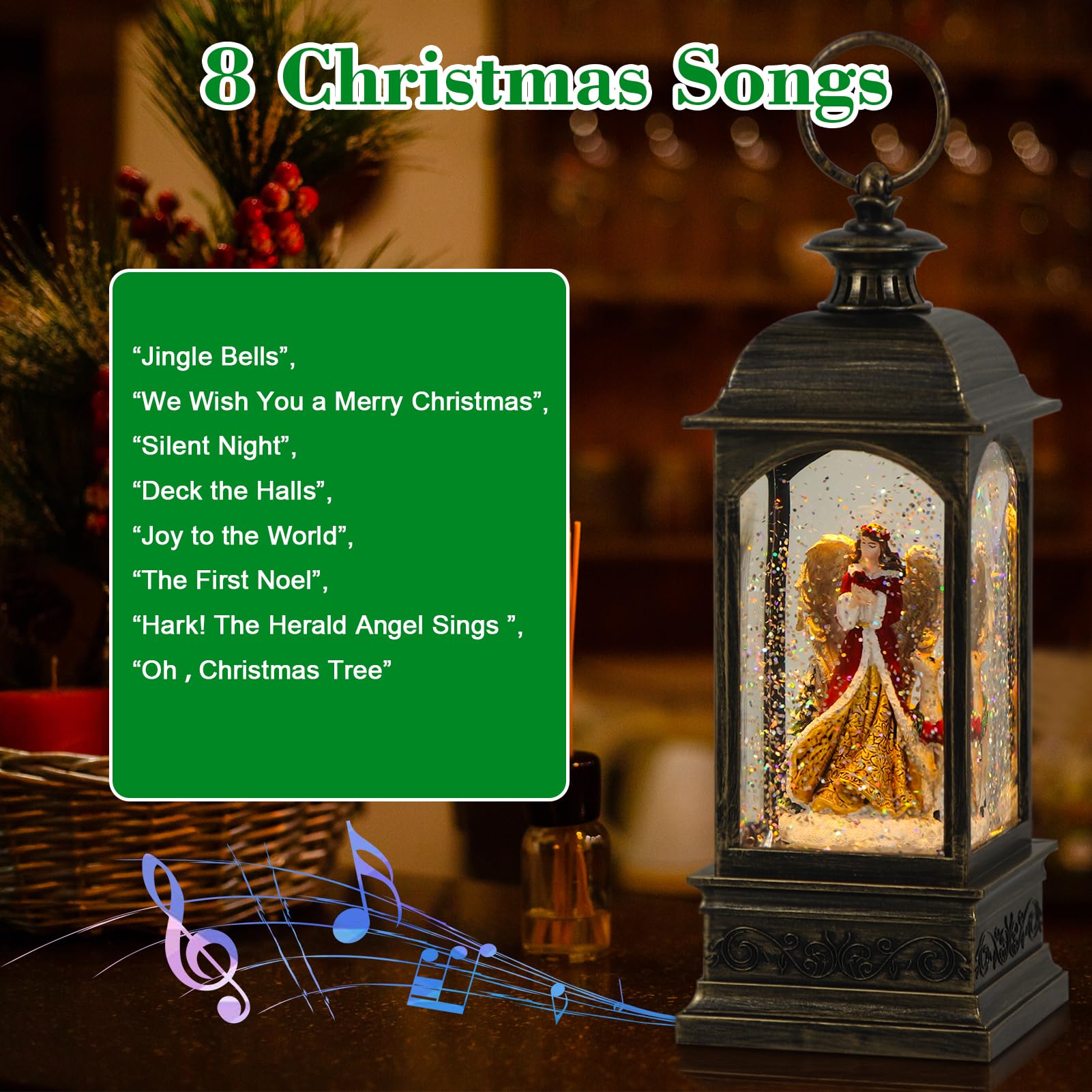 Eldnacele lantern on a mantel demonstrating placement and cozy holiday atmosphere