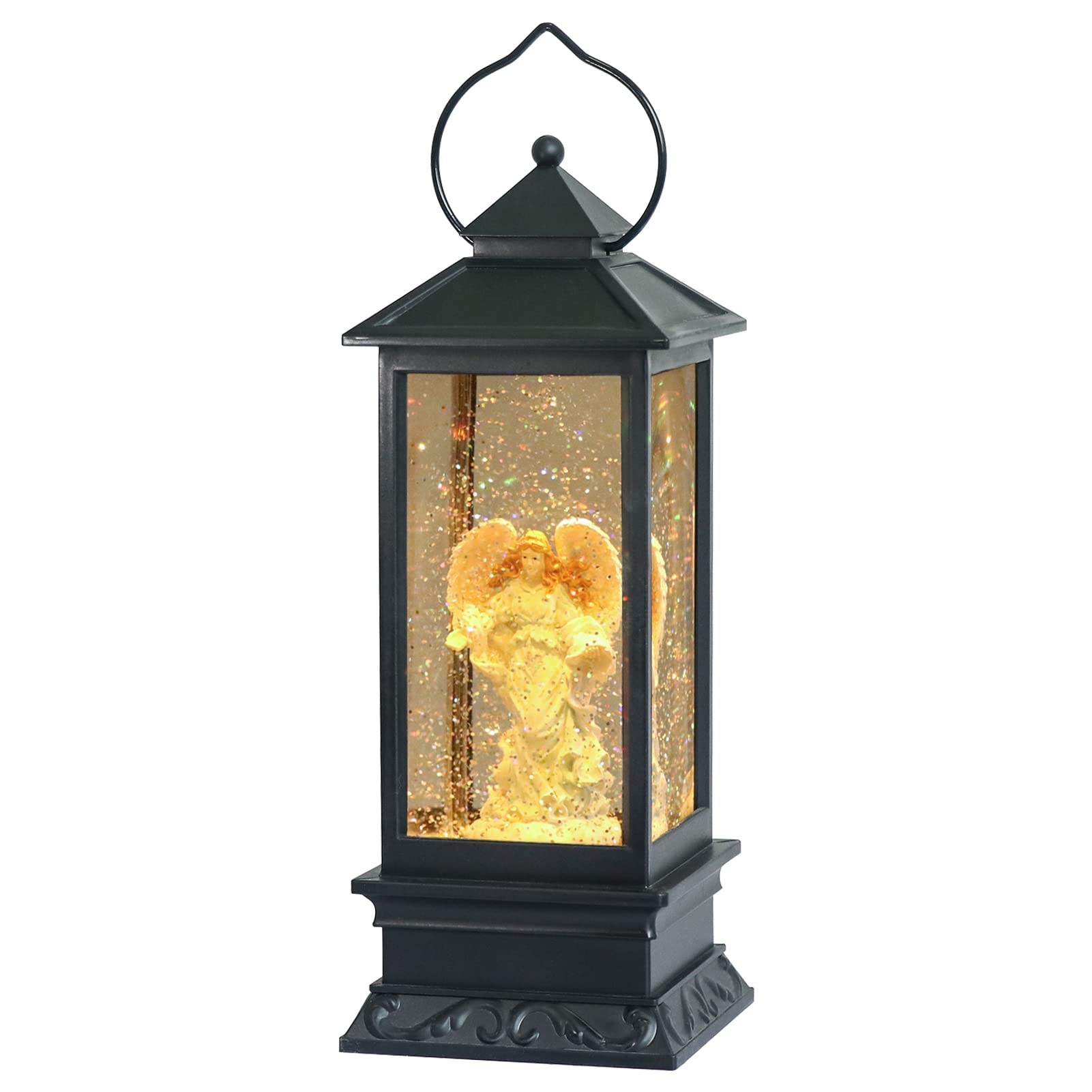 Eldnacele angel snow globe lantern front view showing festive LED glow and angel