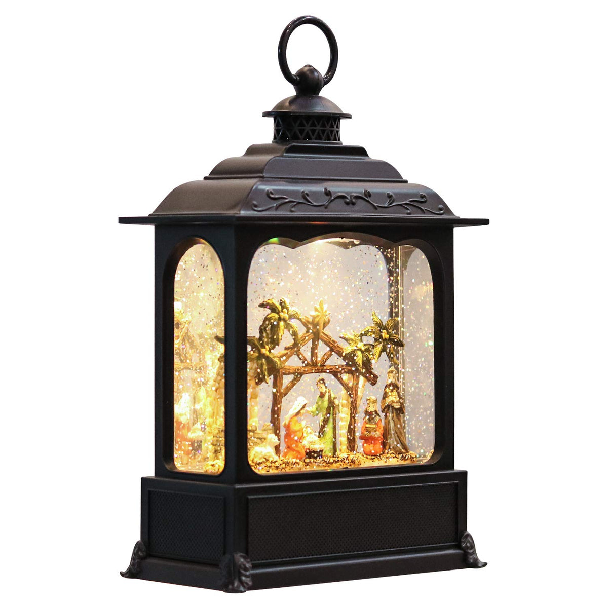 Eldnacele front view of nativity snow globe lantern showing festive display and warm light