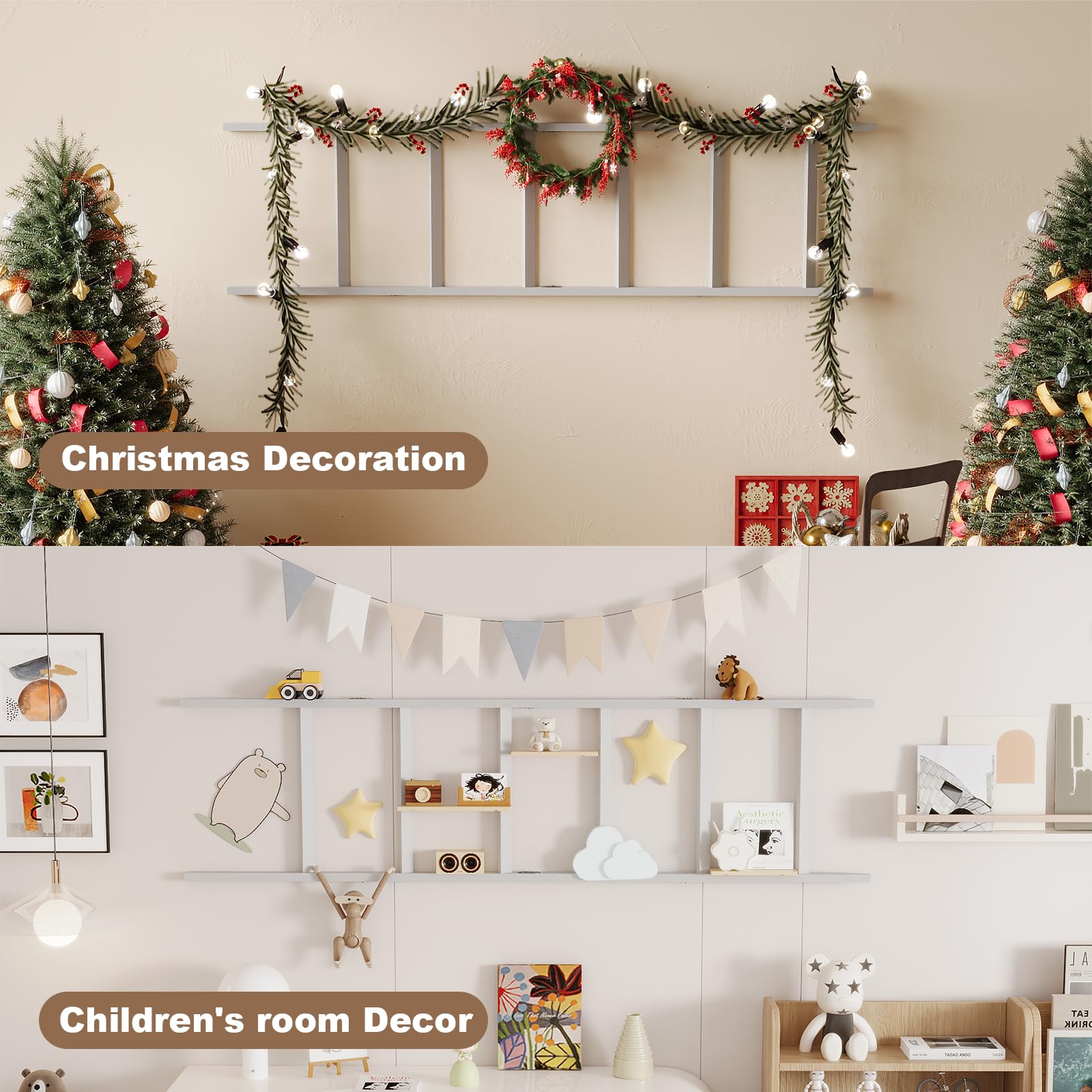 EleganfurHony ladder in living room with throws showing decorative display and easy access