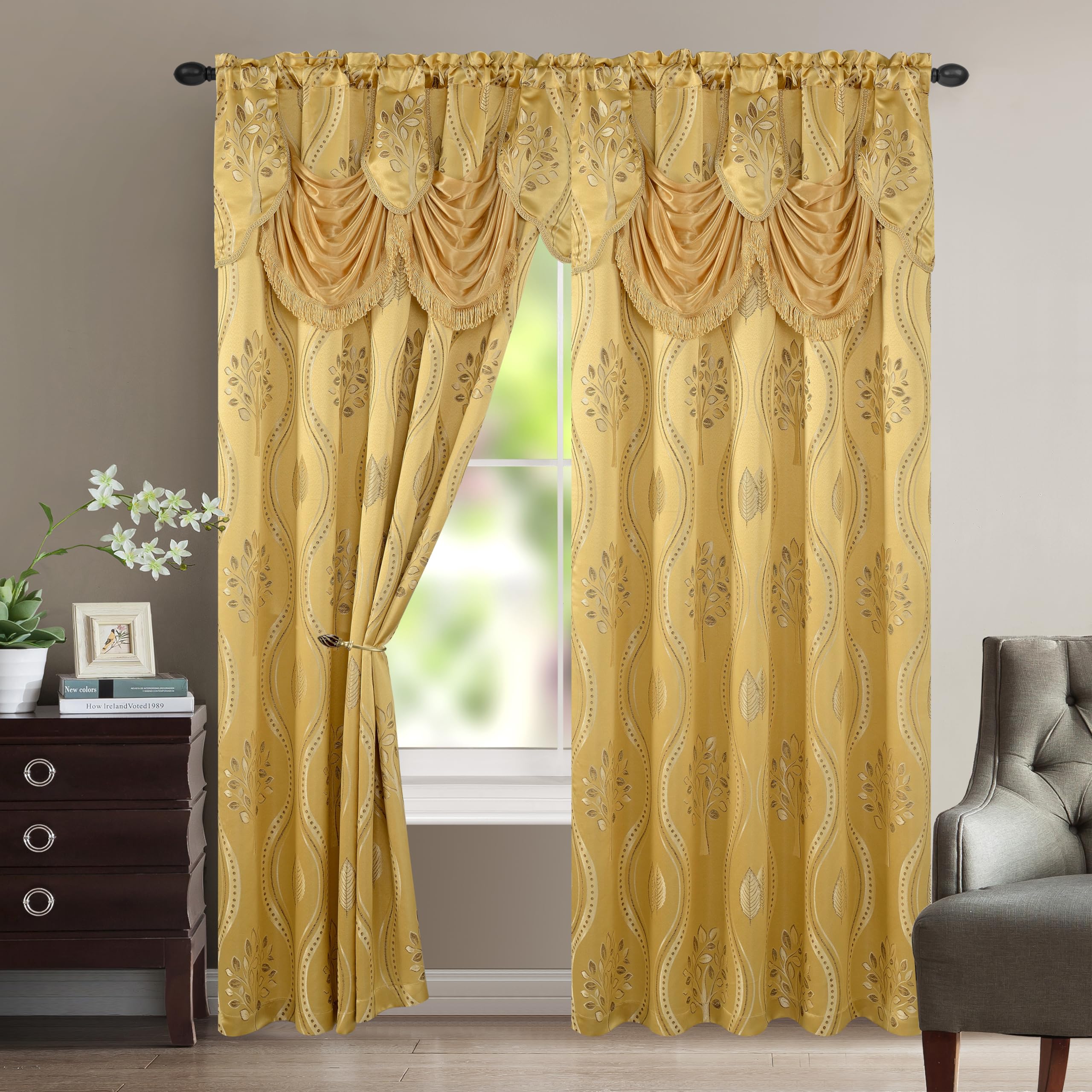 Elegant Comfort front view of gold Aurora panels showing full set and packaging benefit of ready-to-hang convenience