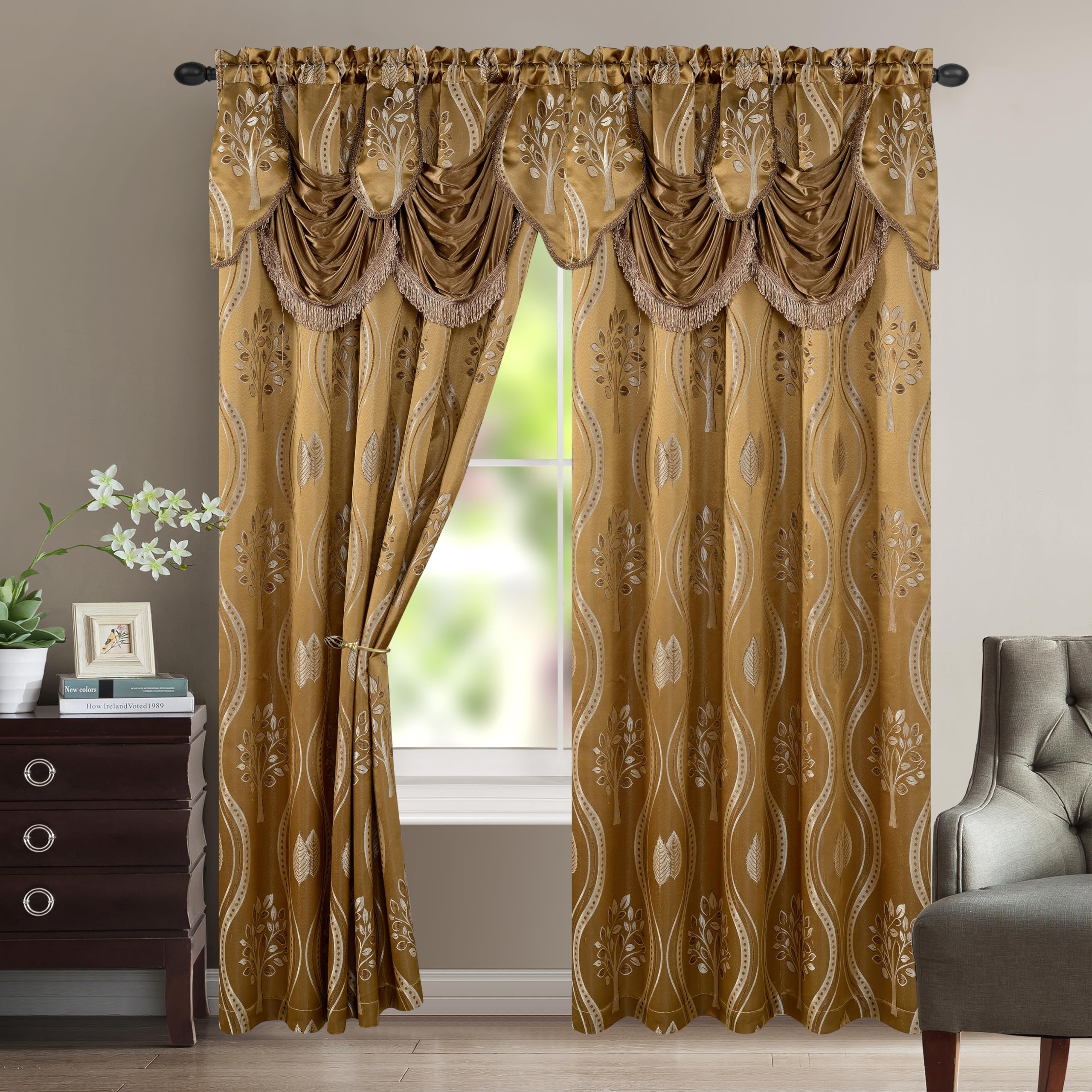 Elegant Comfort front view of taupe Aurora panels showing full coverage and refined look