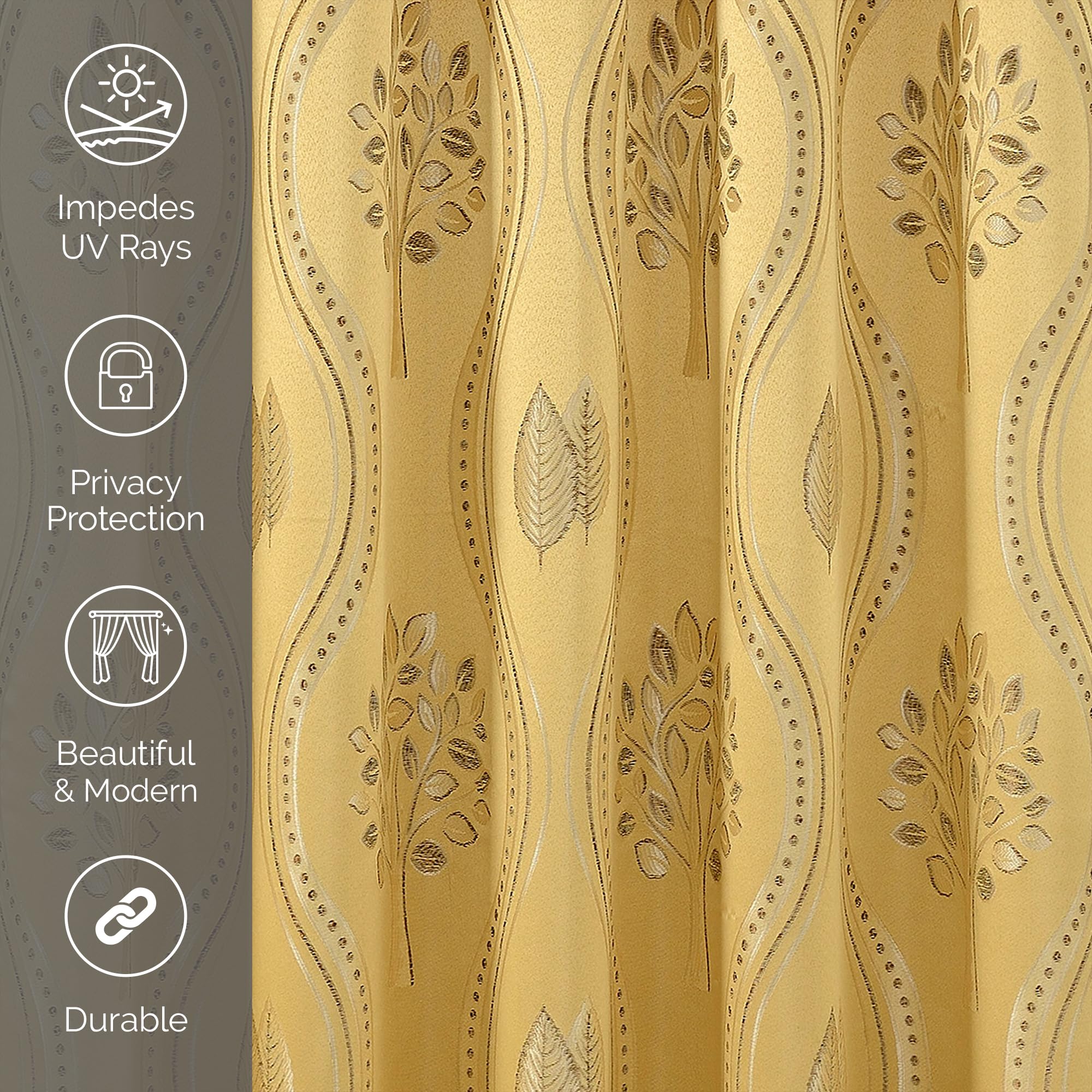 Elegant Comfort styled bedroom with Aurora curtains adding gold accent and cohesive, upscale atmosphere