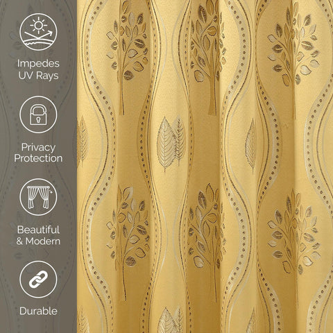 Elegant Comfort styled bedroom with Aurora curtains adding gold accent and cohesive, upscale atmosphere