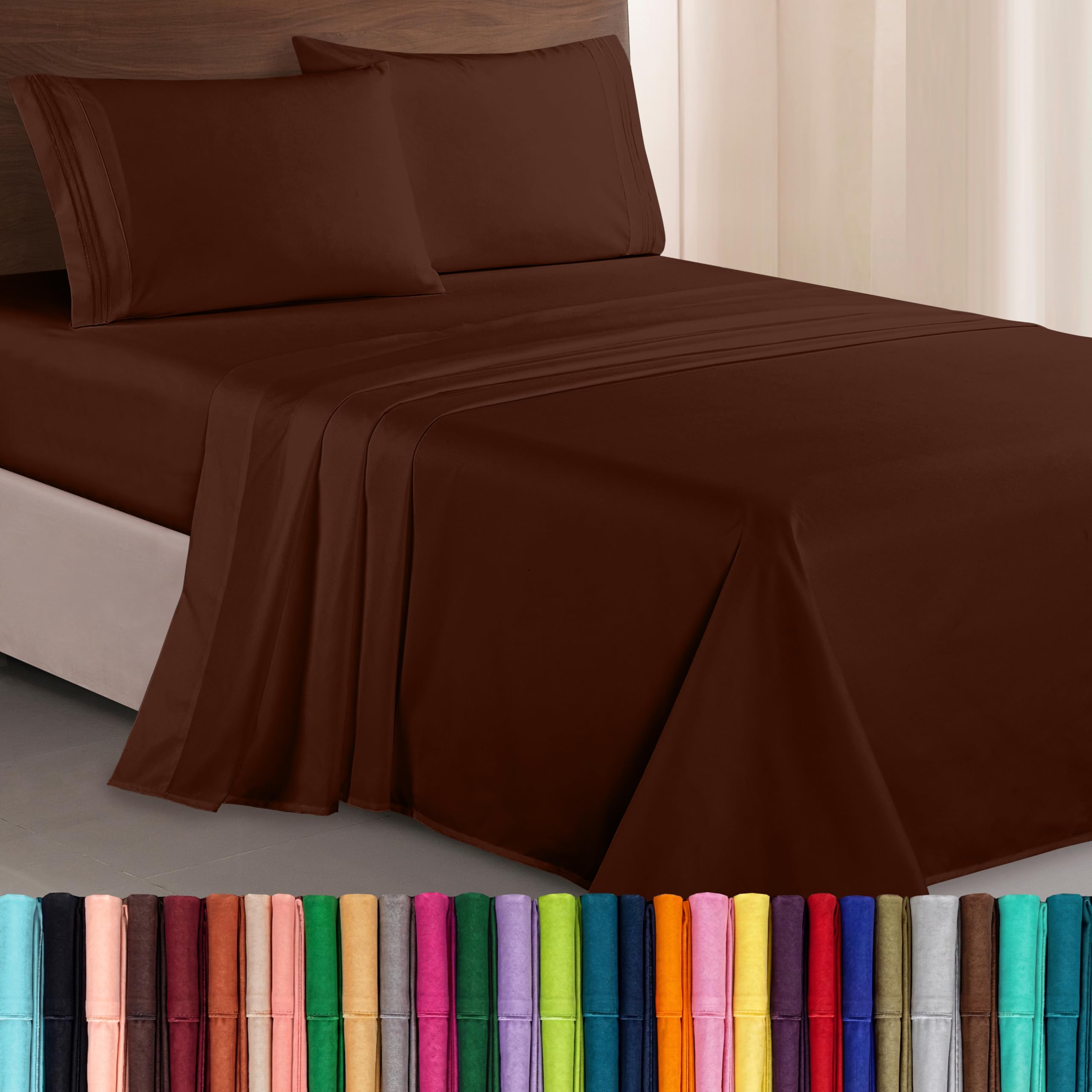 Elegant Comfort front view of chocolate brown sheet set showing neat fit and luxury appearance