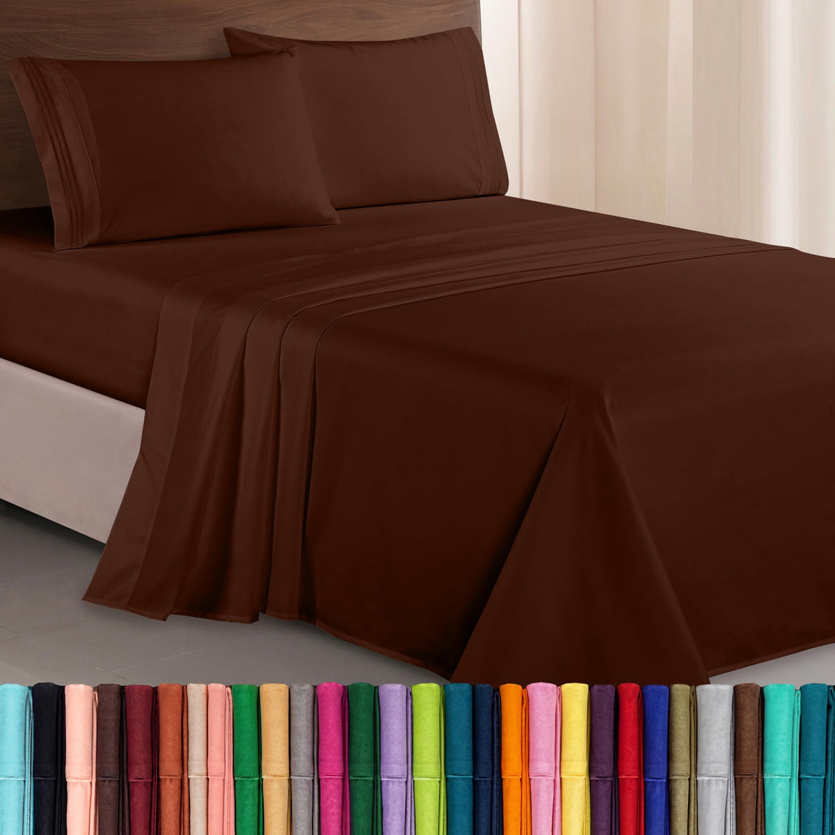 Elegant Comfort front view of chocolate brown sheet set showing neat fit and luxury appearance