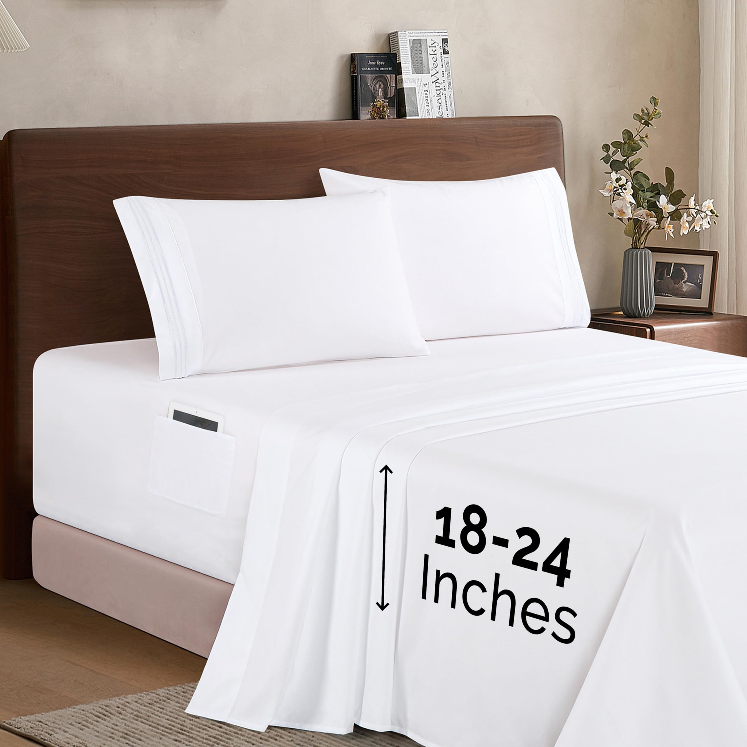 Elegant Comfort close-up of extra-deep pocket fitted sheet showing secure fit benefit