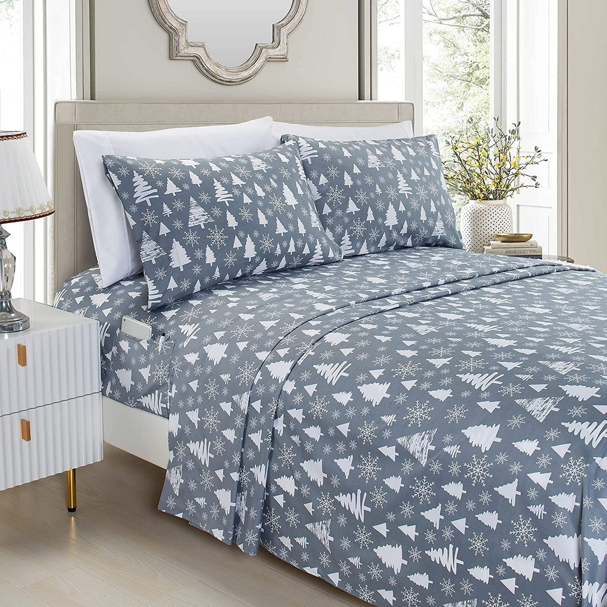 Elegant Comfort front view of flat and fitted sheets showing festive benefits