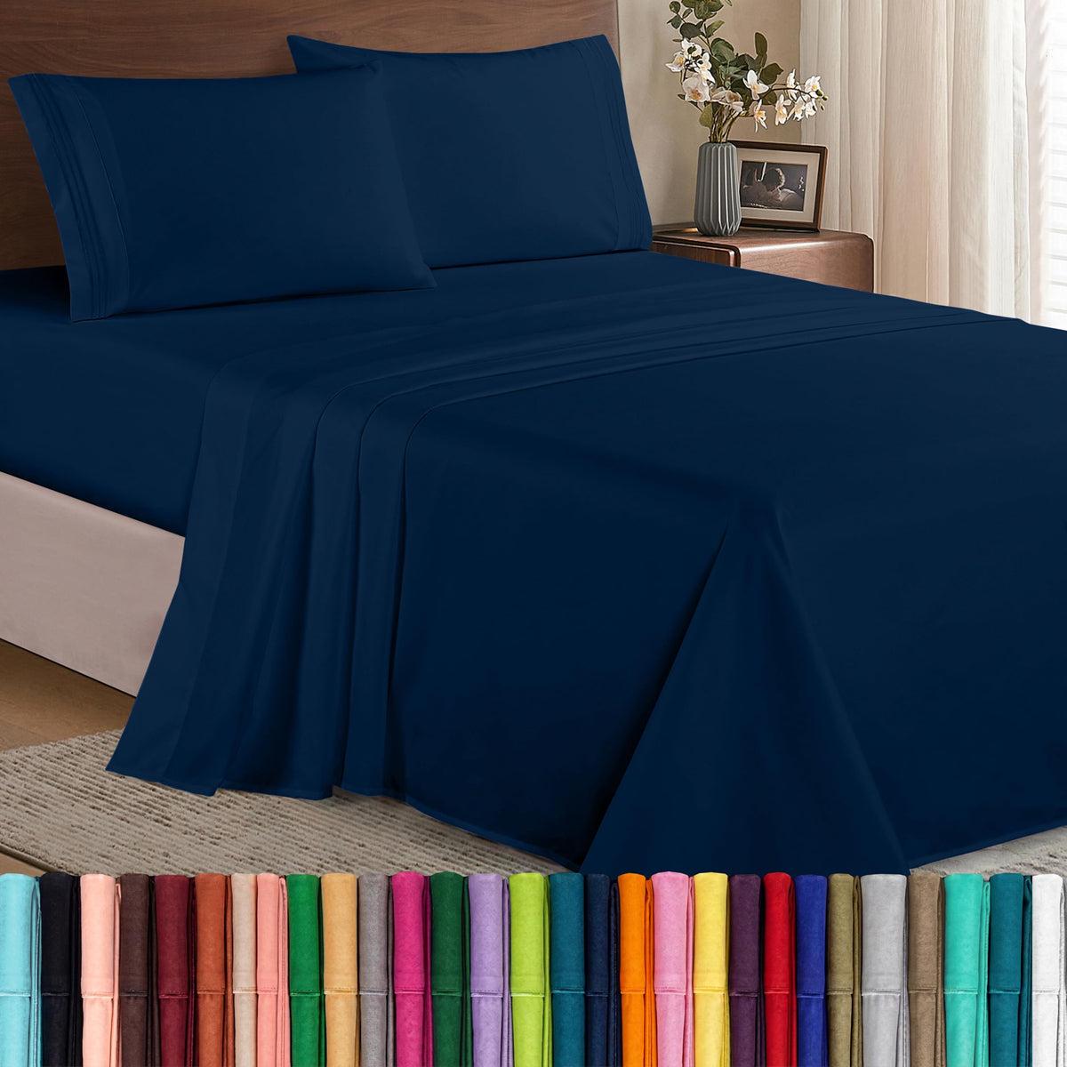 Elegant Comfort flat-lay set in navy showing neat edges and hotel-style look