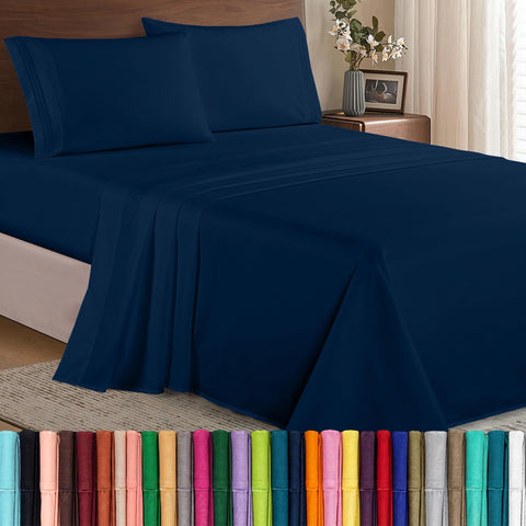 Elegant Comfort flat-lay set in navy showing neat edges and hotel-style look