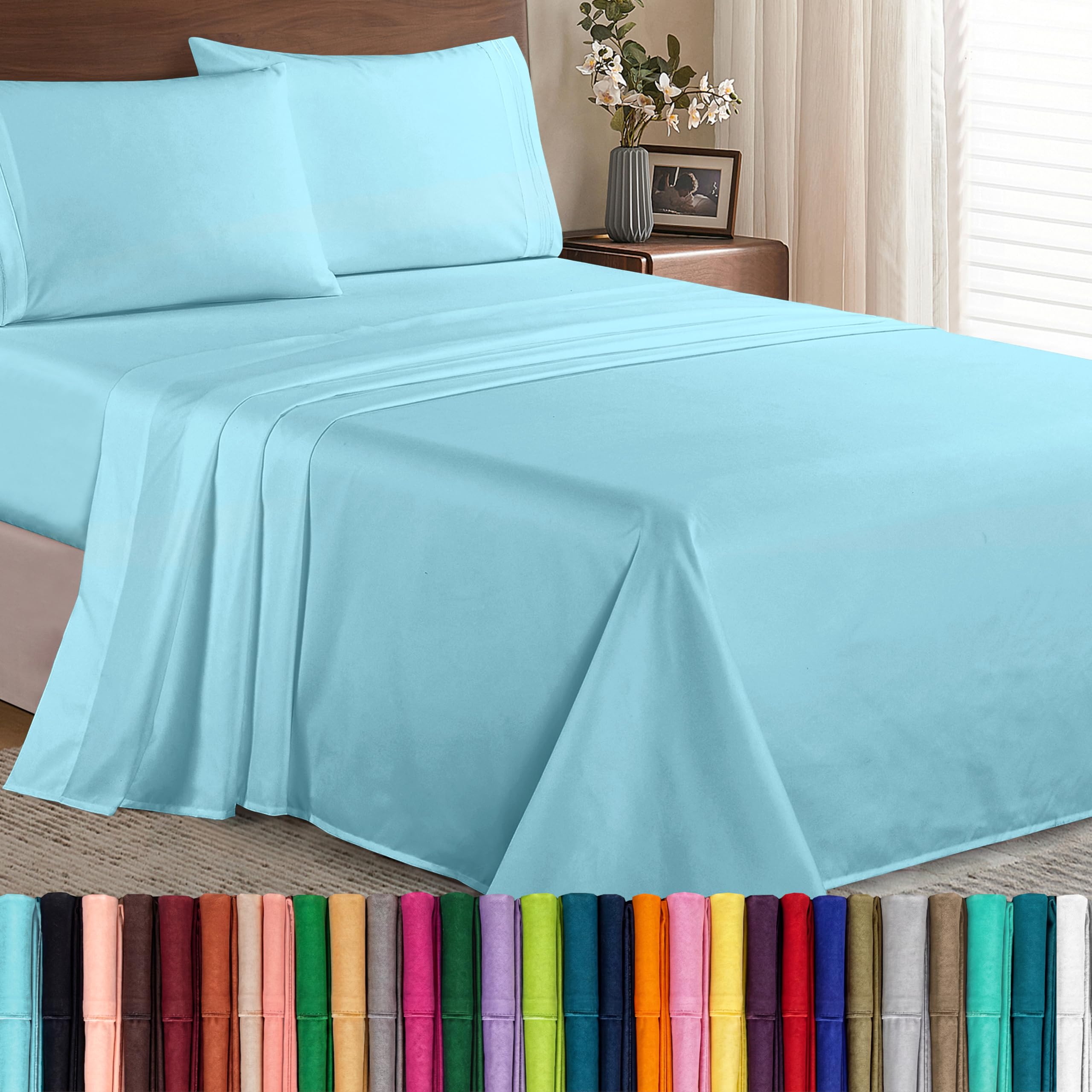 Elegant Comfort front packaging in aqua showing set contents and benefit of easy-care