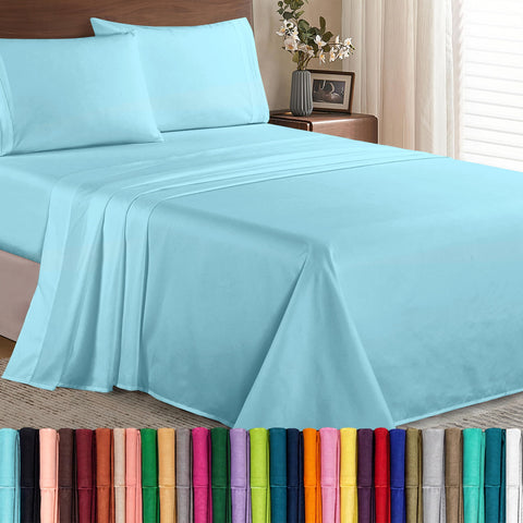 Elegant Comfort front packaging in aqua showing set contents and benefit of easy-care