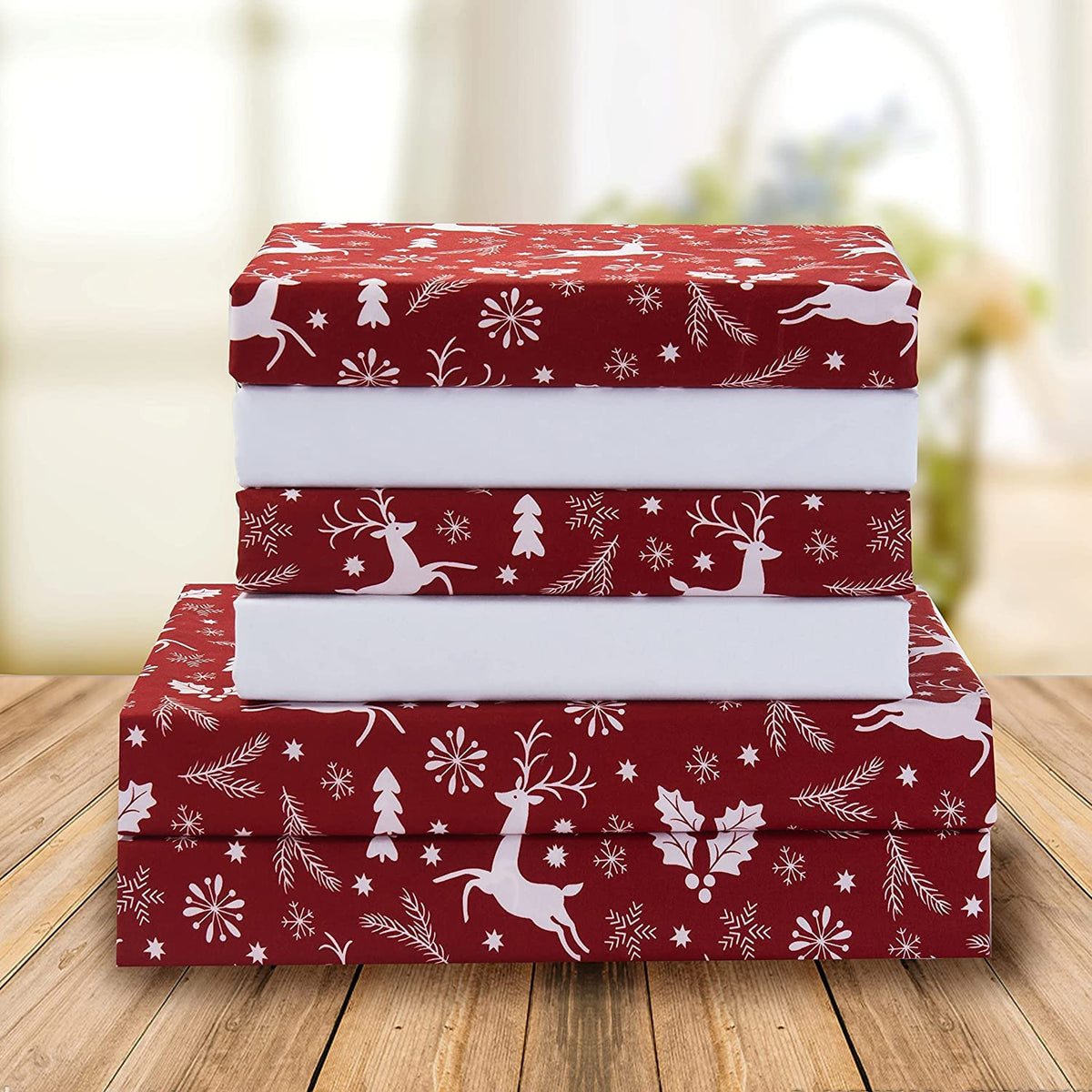 Elegant Comfort front view showing burgundy reindeer design and full set benefit