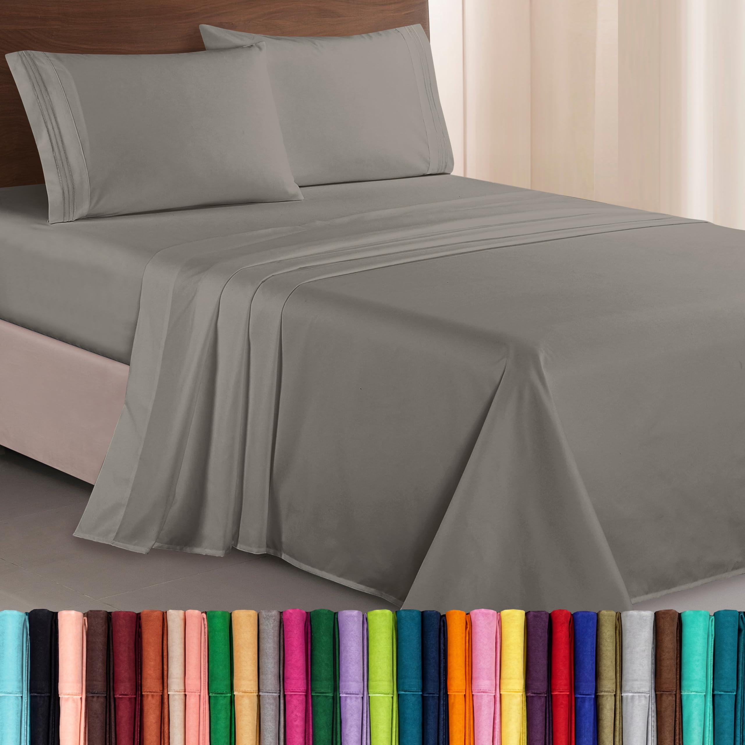 Elegant Comfort front packaging showing gray king sheet set and benefits